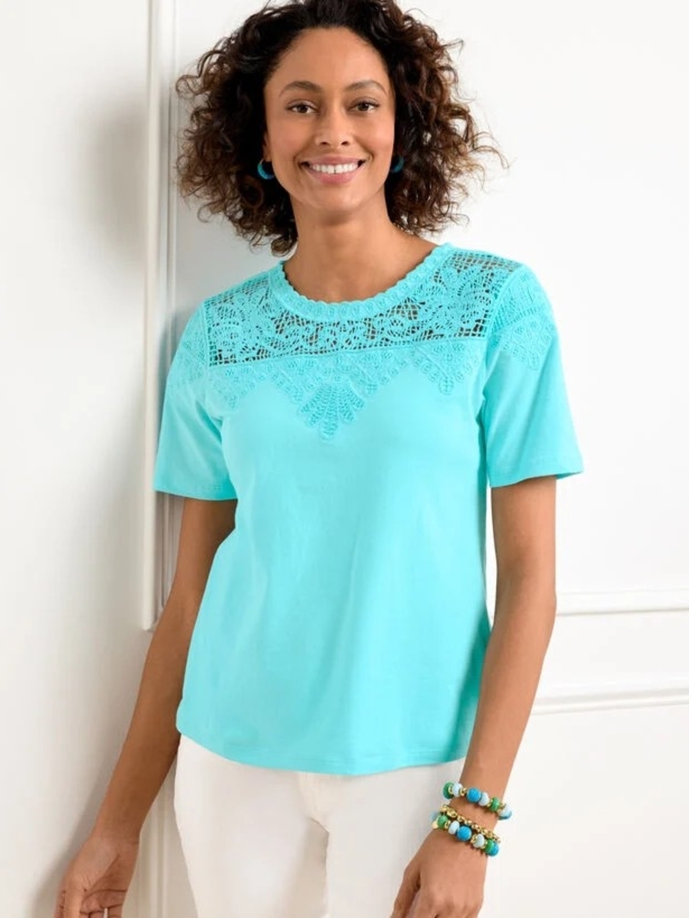 Talbots NWT Aqua Lace Yoke Short Sleeve Tee Vivid Turquoise Size M